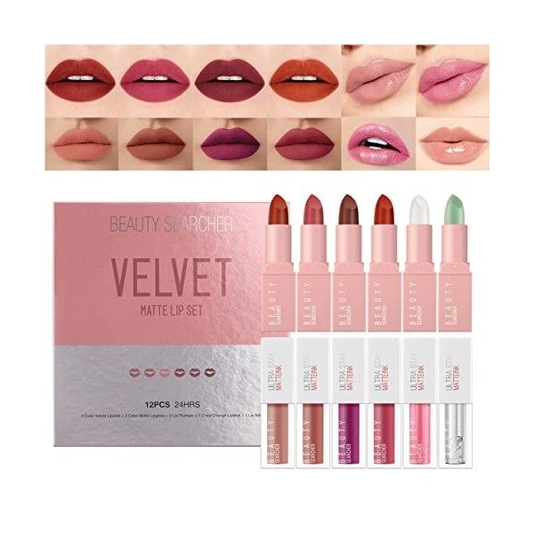 Beauty Searcher 12 couleurs mat rouge à lèvres nude ensemble velouté longue durée antiadhésif tasse liquide sexy brillant à l