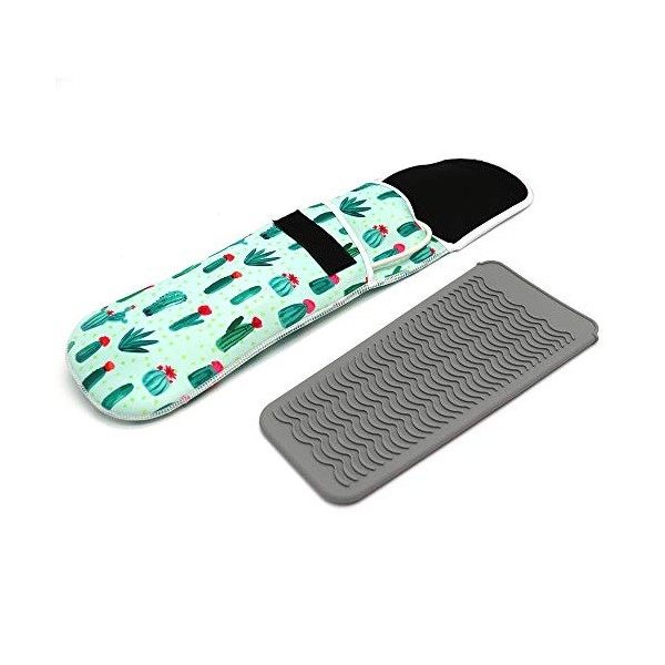 Ensemble de tapis de voyage en néoprène et silicone résistant à la chaleur et pochette de rangement pour fer à friser Cactus