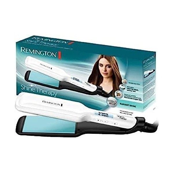 Remington Lisseur Cheveux [Soin Brillance & Douceur] Shine Therapy Plaques larges, Céramique, Soin huile dargan marocaine &