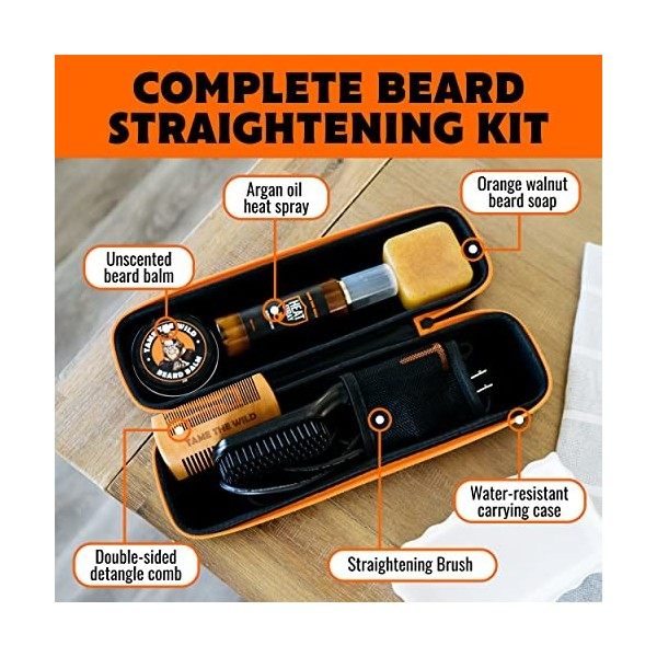 Tames Beard Straightener Essentials Kit - Peigne à lisser anti-brûlure pour barbe - Spray thermique - Barbe Soa