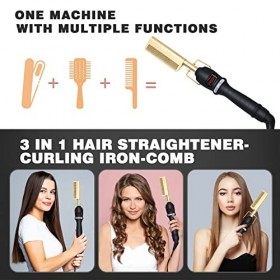 Peigne Chauffant, Peigne Chauffant Lissant Afro 3 en 1 avec Fer a Lisser & Fer a Boucler & Lisseur Barbe Fonction, 3 Réglages