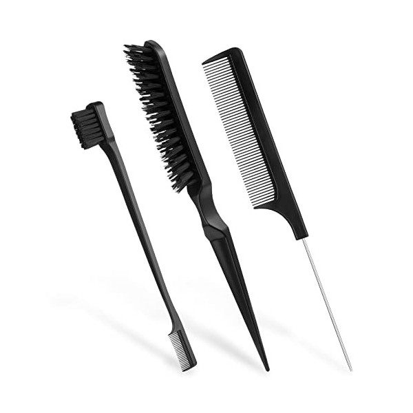 AOOWU 3Pcs Set de Brosse à Cheveux de Bord en Poils, Set de Brosse à Taquiner, Peigne à Dos Lisse Peigne à Double Tranchant P