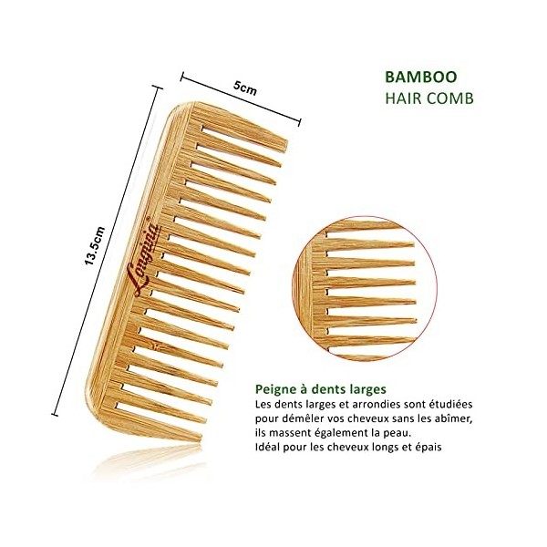 Longivia® Peigne Bois Cheveux Bouclés Peigne Dent Large en Bambou 1