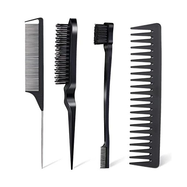 Anmieciu Lot de 4 brosses à cheveux en poils - Brosse à cheveux en nylon - Peigne à queue de rat et peigne à dents larges pou