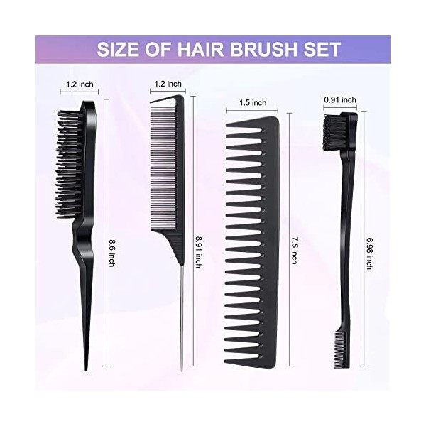 Anmieciu Lot de 4 brosses à cheveux en poils - Brosse à cheveux en nylon - Peigne à queue de rat et peigne à dents larges pou