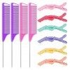 Lot de 10 peignes queue de rat - 4 peignes pour coiffeur - Peigne de séparation et 6 pinces crocodiles - Peigne de tressage p