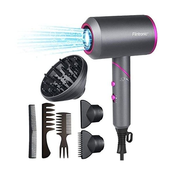 Flintronic Sèche-Cheveux Professionnel Ionique, 2000W Sèche Cheveux Manche pliable, 3 Modes Réglables avec Protection Contre 