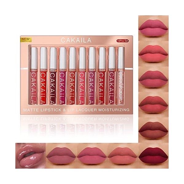 Rouge à Lèvres liquide mat, 10 couleurs rouge à lèvres Régler Mat Nude Étanche Longue durée, Brillant à Lèvres Mat Longue Ten