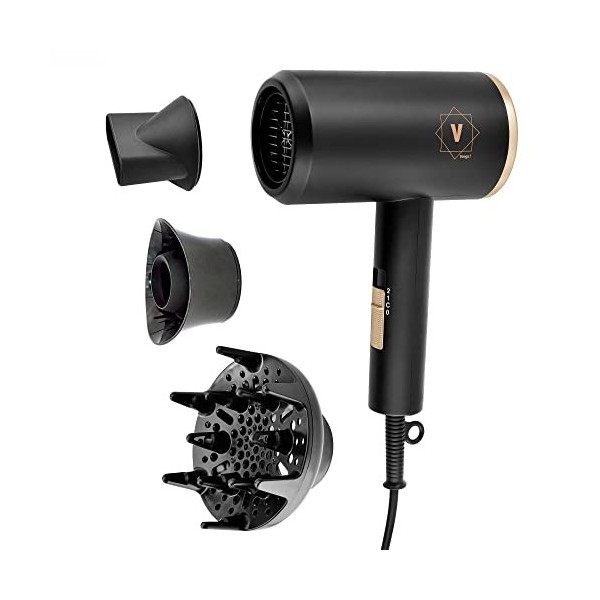 Venga! Sèche-Cheveux Léger et Compact, Ionique, avec 3 Accessoires, 1 800 W, Noir/Doré, VG HD 3001