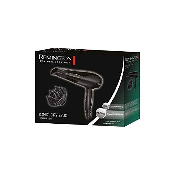 Remington Sèche-cheveux Ionique [Puissant & Léger] Ionic Dry Noir 2200W, coiffage délicat en douceur & répartition uniforme 