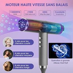 Sèche-Cheveux, Sèche Cheveux Ionique Professionnelle 1450W, Technologie Dions Négatifs, 4 Réglages de Température et 3 Vites
