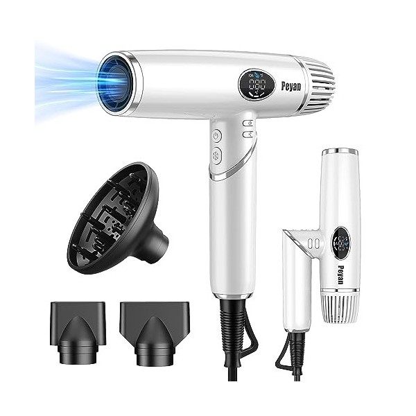 Sèche-Cheveux Ioniques Pliants Légers avec Moteur Brushless 11.000 RPM, Séchage Rapide/Faible Bruit/Diffuseur Magnétique/Écra