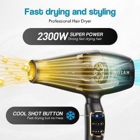 GLAM Sèche-cheveux professionnel, sèche-cheveux 2300W AC Motor Quick Drying Ionic Hair Dryer avec 2 vitesses, 3 réglages de c