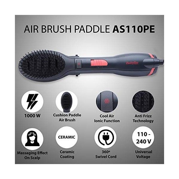 BaByliss AS110PE Brosse à air lisse, sèche et lisse, puissance de 1000 W, technologie ionique, trois températures et bouton d