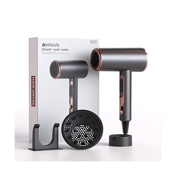 Bestauty Sèche-Cheveux Ionique 2000W, pour un Séchage Rapide des Cheveux, Sèche-Cheveux de Voyage avec 2 Diffuseurs, Support 