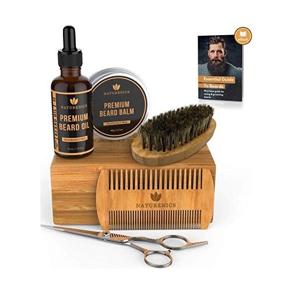 Kit de Soins de Barbe Naturenics -Huile barbe non parfumée, baume cire de barbe, peigne à barbe à double denture, Brosse à ba