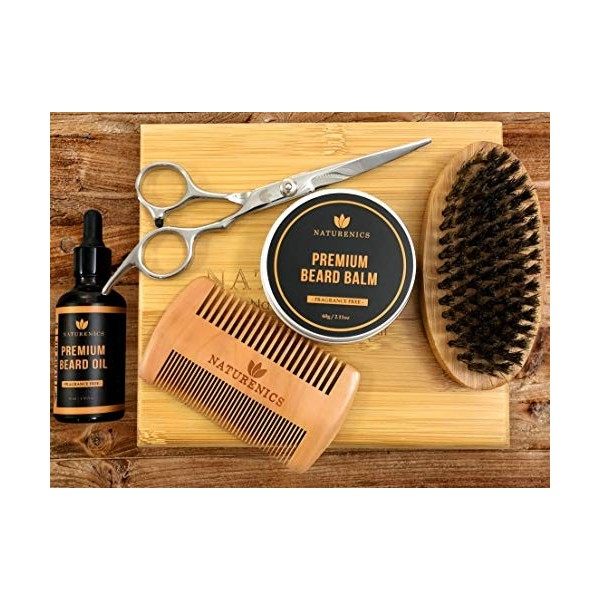 Kit de Soins de Barbe Naturenics -Huile barbe non parfumée, baume cire de barbe, peigne à barbe à double denture, Brosse à ba