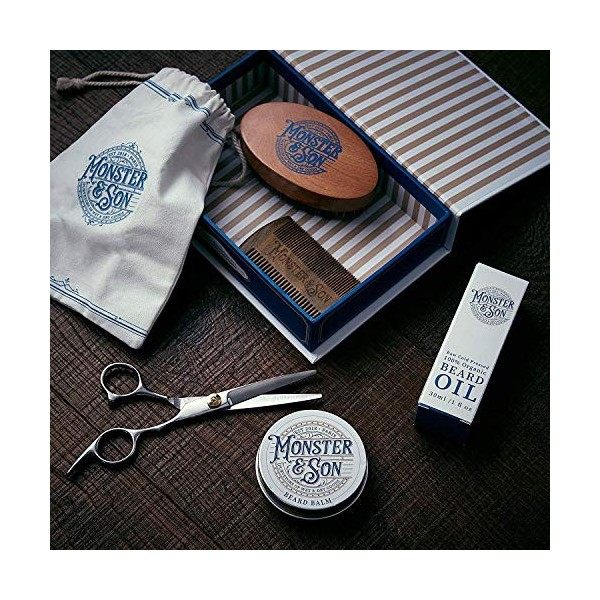 Monster&Son - Kit de Barbe Pour Hommes | Ensemble de 7 pcs | Huile de Soin | Baume à Barbe | Peigne en Bois de Santal | Bross