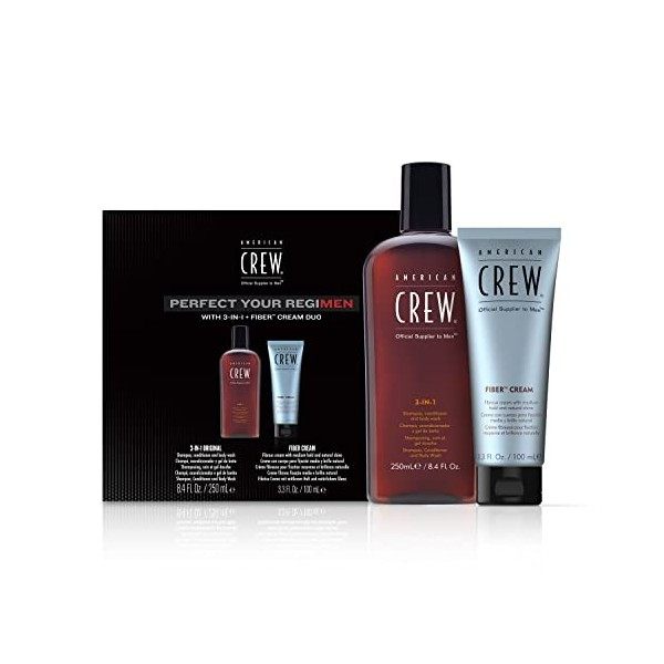 American Crew, Coffret cadeau homme REGIMEN, Routine Duo: 3-EN-1 Shampoing, soin, gel douche pour homme + FIBER CREAM crème c