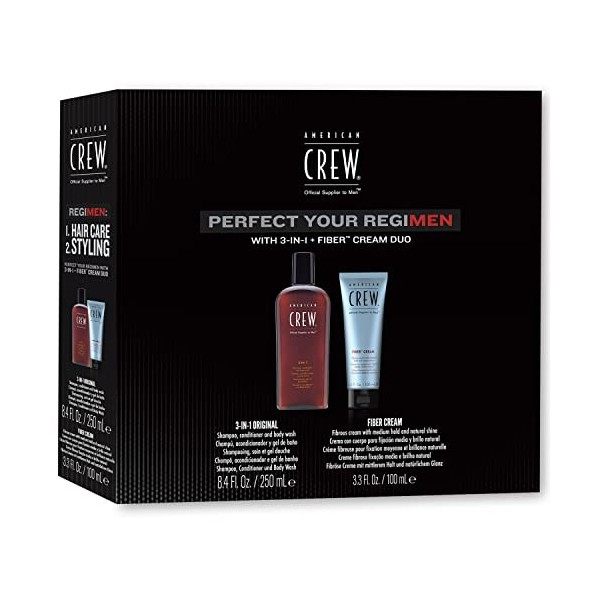 American Crew, Coffret cadeau homme REGIMEN, Routine Duo: 3-EN-1 Shampoing, soin, gel douche pour homme + FIBER CREAM crème c