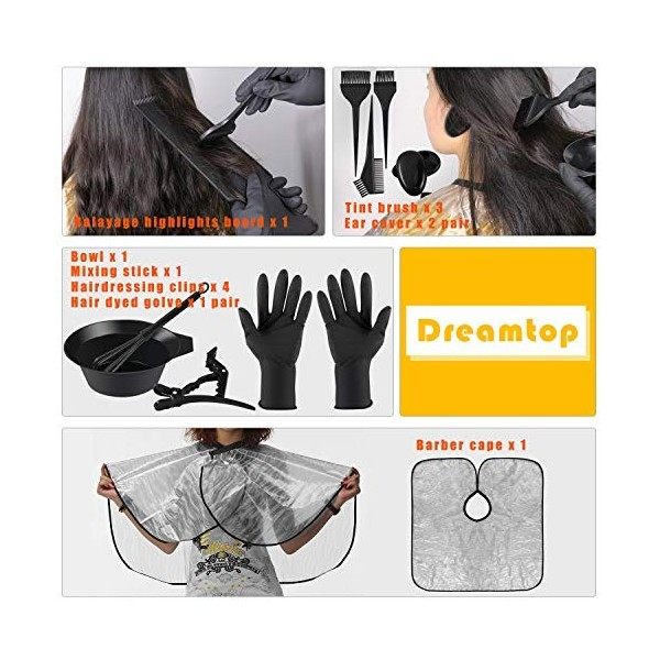 Dreamtop Kit de coloration de cheveux 18 pièces avec bol de teinture, pinceau, cache-oreilles, gants, planche à surligner et 