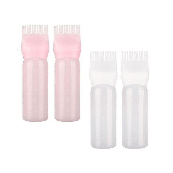 Lot de 4 flacons applicateurs en plastique avec peigne à racine pour coloration capillaire et traitement du cuir chevelu Blan