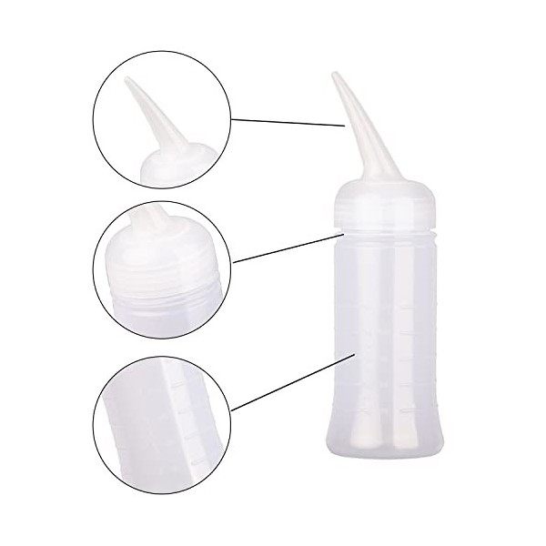 NAUZE Lot de 2 flacons applicateurs en plastique avec pointe angulaire pour teinture capillaire avec graduation, petits et gr