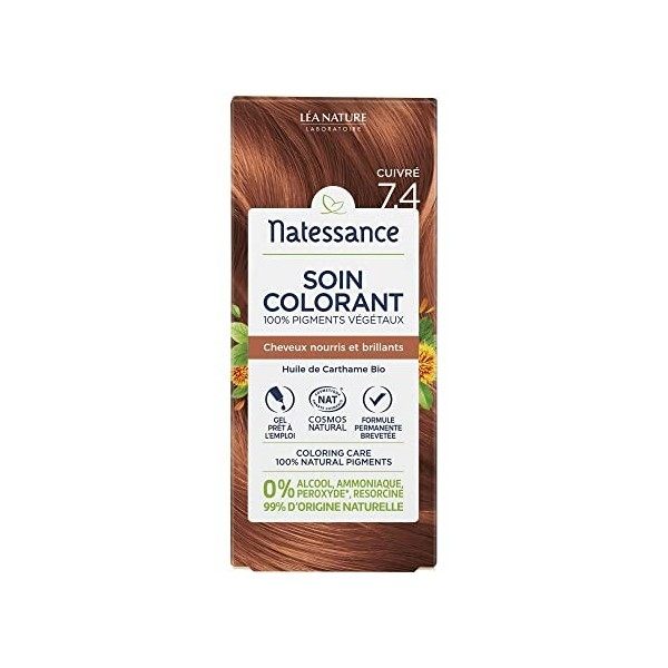 Natessance - Soin Colorant 100% Pigments Végétaux - Coloration végétale - Cuivré 7.4 - Certifié Cosmos Natural - Tube de 150 
