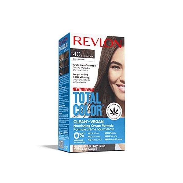 Revlon Total Color Coloration Permanente des Cheveux, Clean et Vegan, couvre 100% des cheveux blancs, 40 Châtain Foncé, 100 m