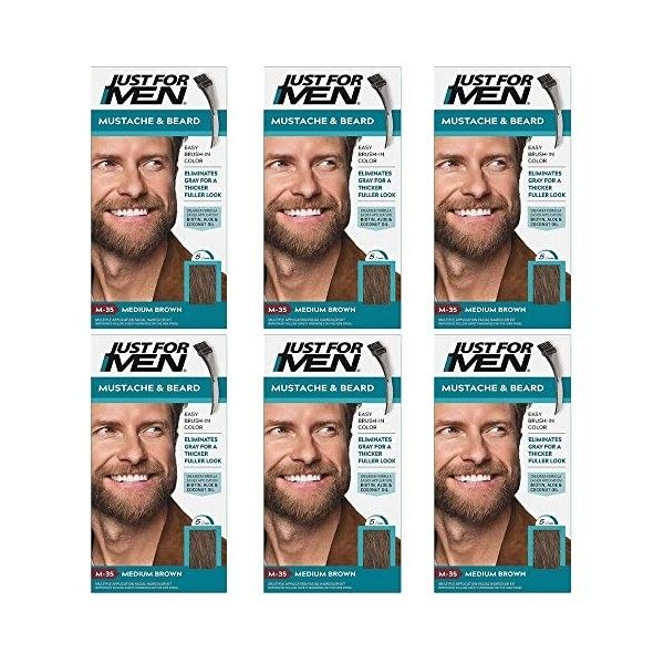 Just for Men - Lot de 6 colorations permanentes, teinture, gel colorant pour barbe et moustaches avec brosse, châtain moyen M