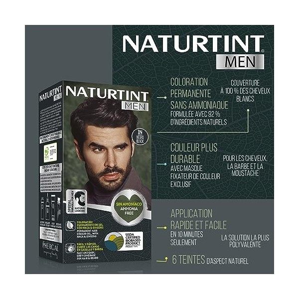 Naturtint Men Biobased | Coloration Permanente Sans Ammoniaque pour Hommes | Teinture pour cheveux et barbe | Couverture à 10