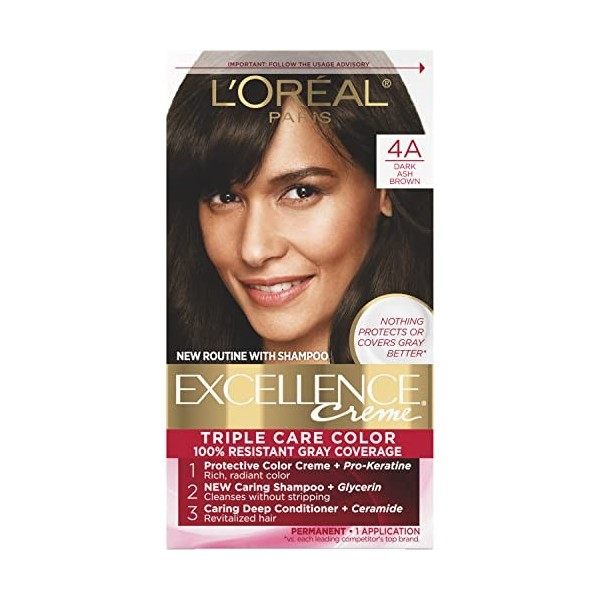 LOreal Crème colorante Excellence Crème - Triple protection - Enrichie en Pro-Kératine - Couleur 4A - Ch tain moyen foncé