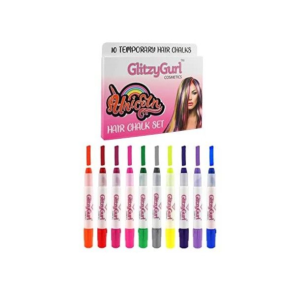 GlitzyGurl Deluxe Hair Chalk Set, 10 x fantastiques teintures capillaires temporaires non toxiques faciles à laver pour les f