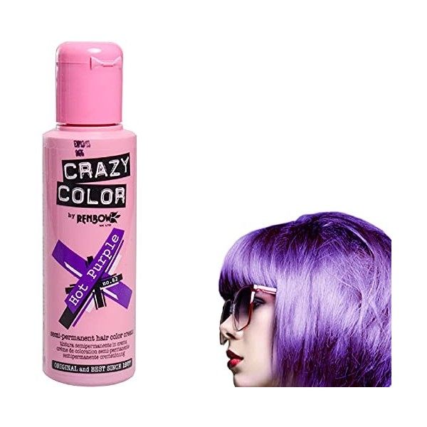 Crazy Colour Semi Permanent Hair Dye By Renbow Hot Purple No.62 100ml Box of 4
