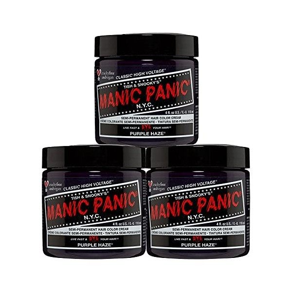 Manic Panic Purple Haze Classic Creme, Vegan, Cruelty Free, Purple Semi Permanent Hair Dye 3 x 118ml