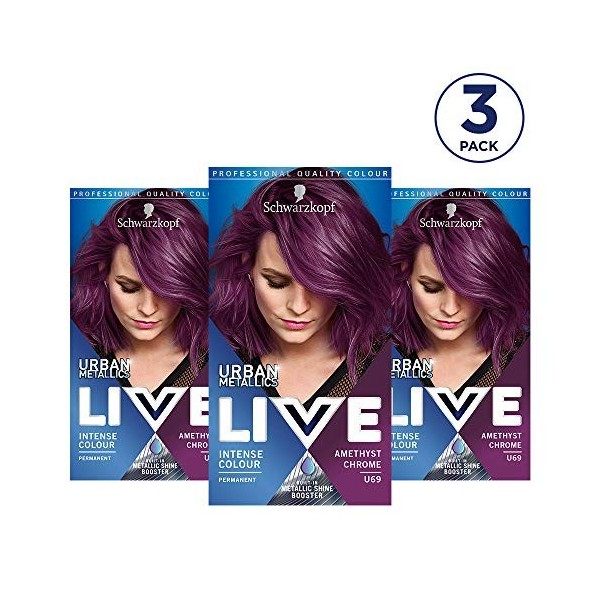 Schwarzkopf Live Intense Colour U69 Amethyst Chrome Coloration permanente avec sérum de vitalité intégré, lot de 3