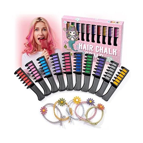 Magicat PEIGNE À CRAIE POUR CHEVEUX Set - 10 couleur de cheveux pour enfants et 5 élastiques I Pour anniversaire, Halloween o