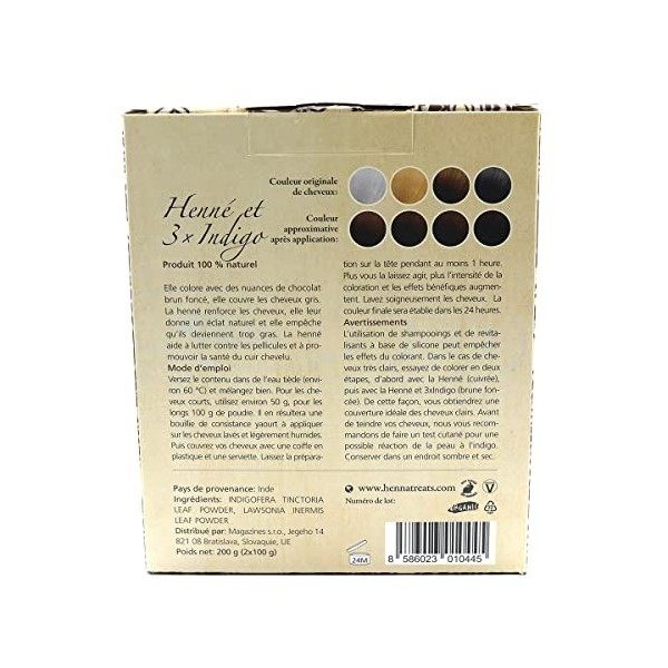 Henné et 3x Indigo - Brune foncée - Coloration naturelle & Soin capillaire - En poudre - 200g