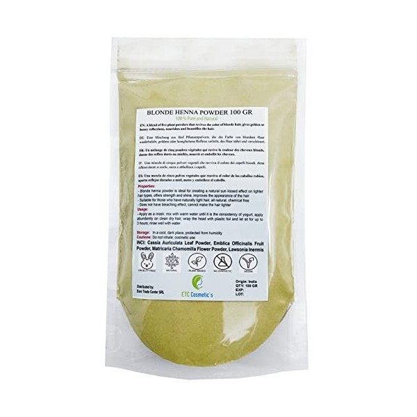 POUDRE DE CHEVEUX AU HENNÉ BLOND - 100% Naturel - Mélange de poudres végétales de cassia, amla, camomille, henné, aloe vera q