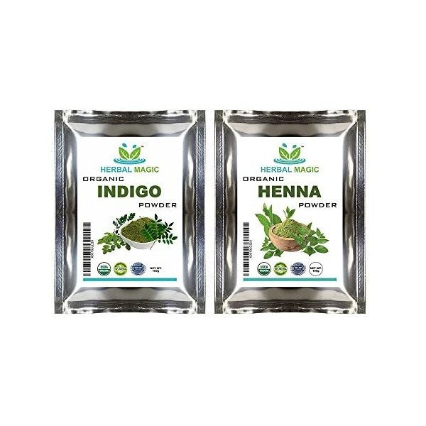 CERTIFIÉ BIOLOGIQUE BY ECOCERT - ORGANIQUE POUDRE DE HENNÉ 100G + ORGANIQUE INDIGO POUDRE 100G / HERBES COLORATION CHEVEUX