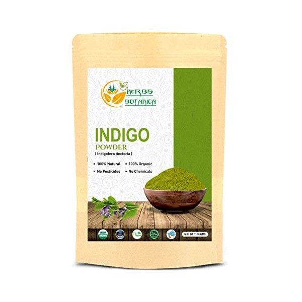 Herbs Botanica Indigo Poudre pour cheveux – Indigofera Tinctoria 100 % naturel cultivé biologiquement au henné 150 g / 150 