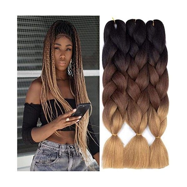 FANWYFYU Kanekalon Meches Tresse Cheveux, 3Paquets 24"Jumbo Braids Meches, Extension de Cheveux de Fibre Synthétique Pour Cro