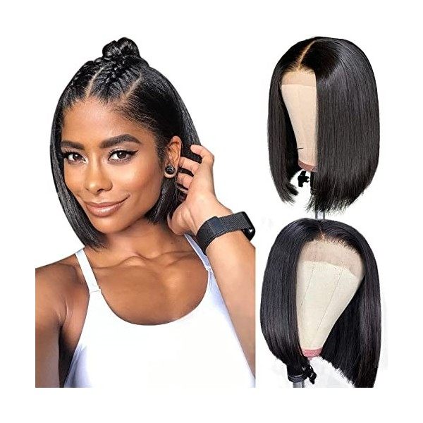 RXY Perruque Femme Naturelle 12 Pouces Perruque Bresilienne Cheveux Humain 4x4 Bob Straight Lace Wig Human Hair for Black Wom
