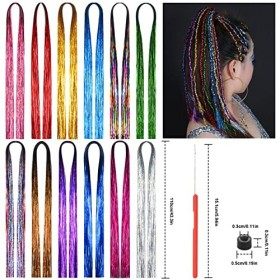 Cozlly 12 Couleurs Mèches de Cheveux Tinsel, Tinsel de Cheveux de Brins, Extensions de Cheveux Fées, Hair Tinsel, Cheveux Bri