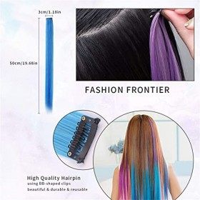 Viesap Extension De Cheveux, 15 Pcs Colorés Cheveux Raides Extensions Clip Extensions De Cheveux Rainbow Clip Multi-Couleurs 