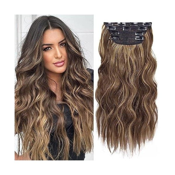 Extension de Cheveux à Clips, Cheveux Naturel Bouclés, Synthétique pour Femmes, Extensions de Cheveux Ondulés Brun Foncé, 11