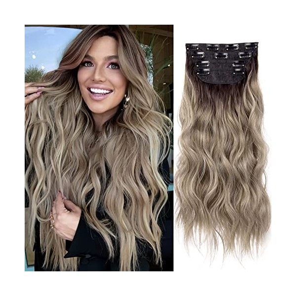 Extension de Cheveux à Clips, Cheveux Naturel Bouclés, Synthétique pour Femmes, Extensions de Cheveux Ondulés Brun Foncé, 11