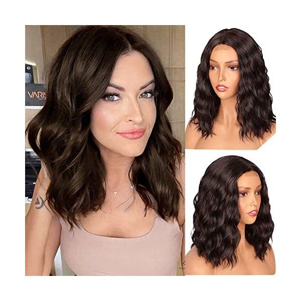 PORSMEER Perruque Ondulé Bouclés femme naturelle middle small lace wig Court Bob Noir Couleur Mixte Ombre Brun perruques chev