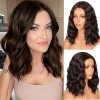 PORSMEER Perruque Ondulé Bouclés femme naturelle middle small lace wig Court Bob Noir Couleur Mixte Ombre Brun perruques chev