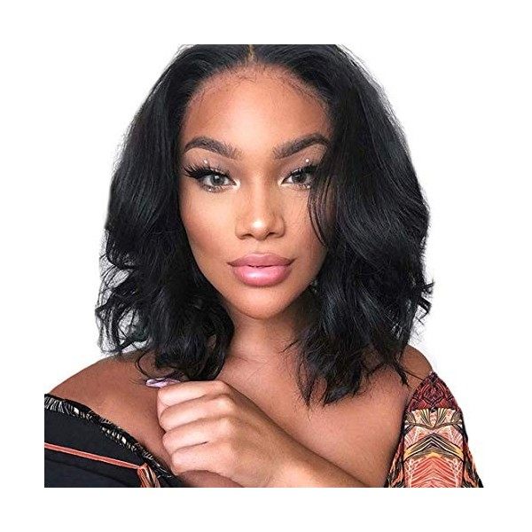 PORSMEER Perruque Ondulé Bouclés femme naturelle middle small lace wig Court Bob Noir Couleur Mixte Ombre Brun perruques chev